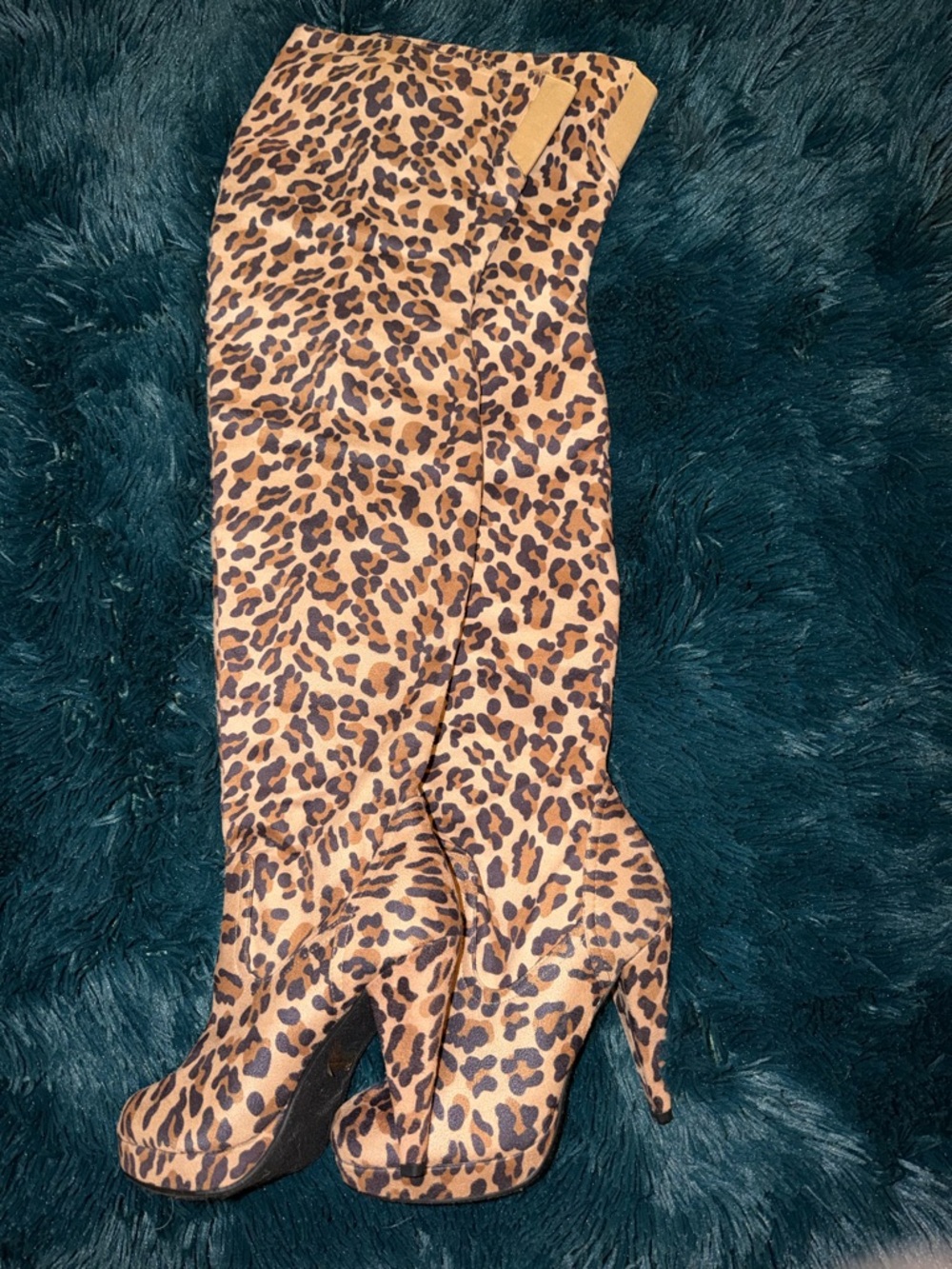 Leopard Print Thigh-High Platform Heeled Boots